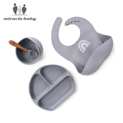 Miracle Baby 1 Set Silicone Baby Feeding Bowl Spoon Set Waterproof Spoon Non-slip Silicone Tableware Kids Plate With Spoon